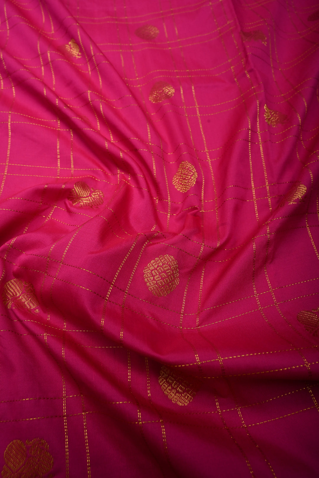 Deep Pink Zari Checks on 9 Yards Madisar Kanjivaram Soft Semi Silk Saree with Zari Buttas and Zari Border | SHOBITAM