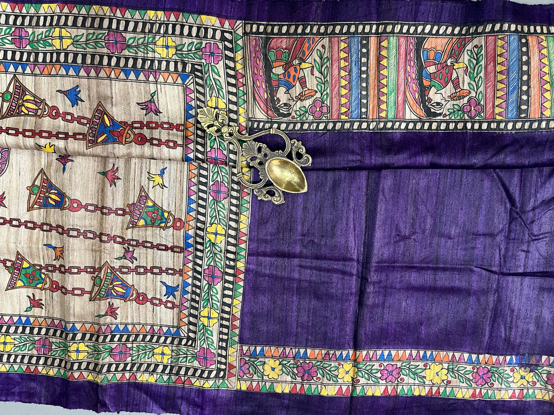 Egg Plant Purple Madhubani hand painted on Geecha Tussar Silk Saree With Border | SILK MARK CERTIFIED | SHOBITAM