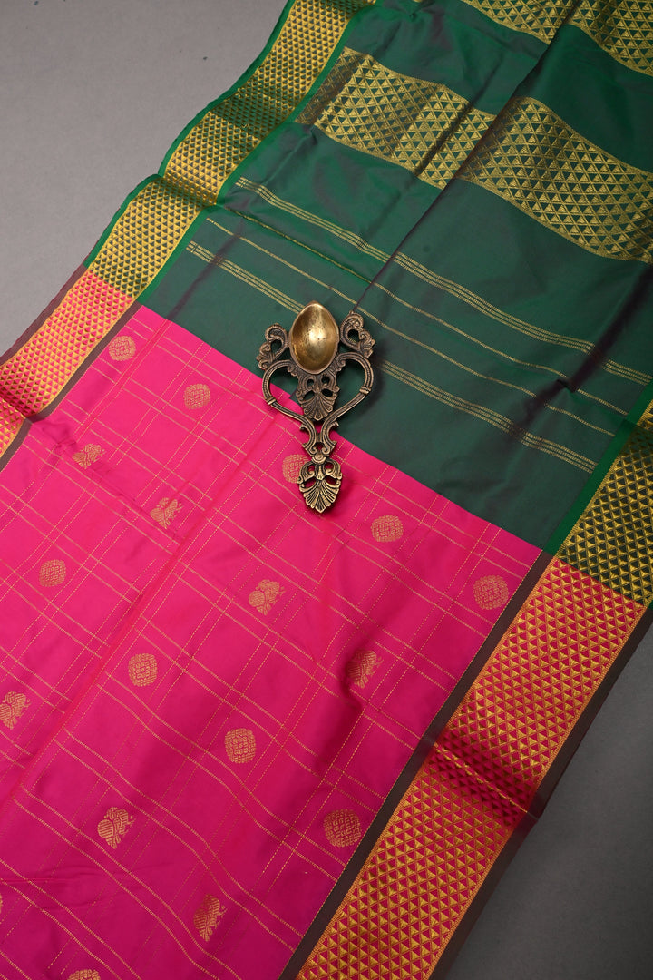 Deep Pink Zari Checks on 9 Yards Madisar Kanjivaram Soft Semi Silk Saree with Zari Buttas and Zari Border | SHOBITAM