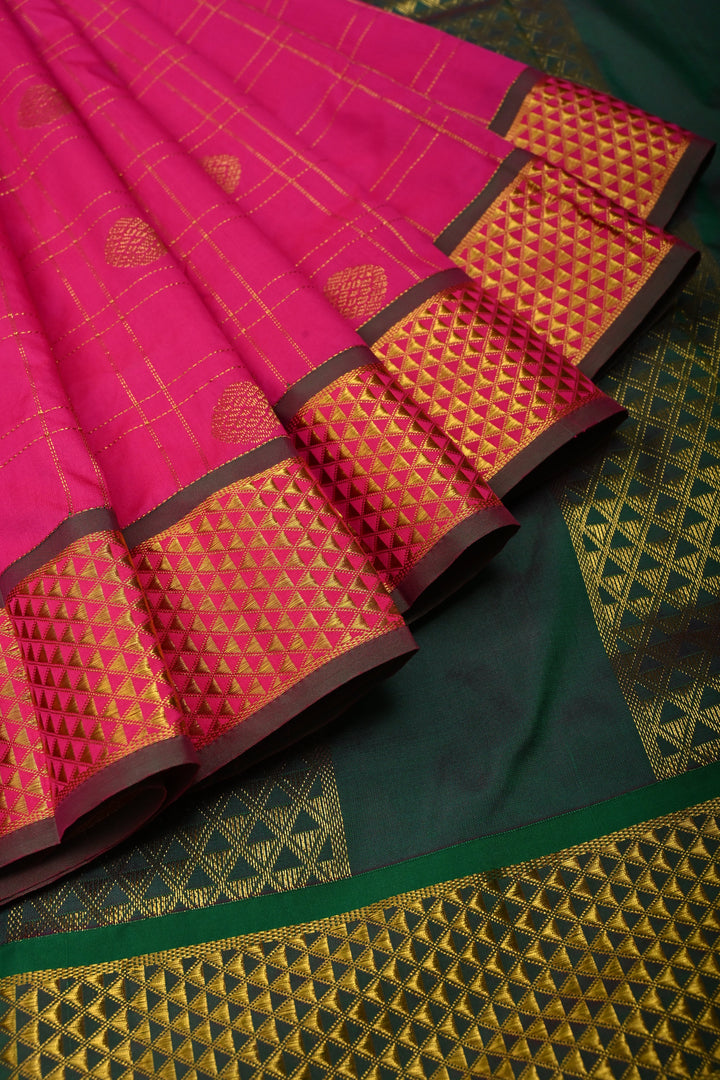 Deep Pink Zari Checks on 9 Yards Madisar Kanjivaram Soft Semi Silk Saree with Zari Buttas and Zari Border | SHOBITAM