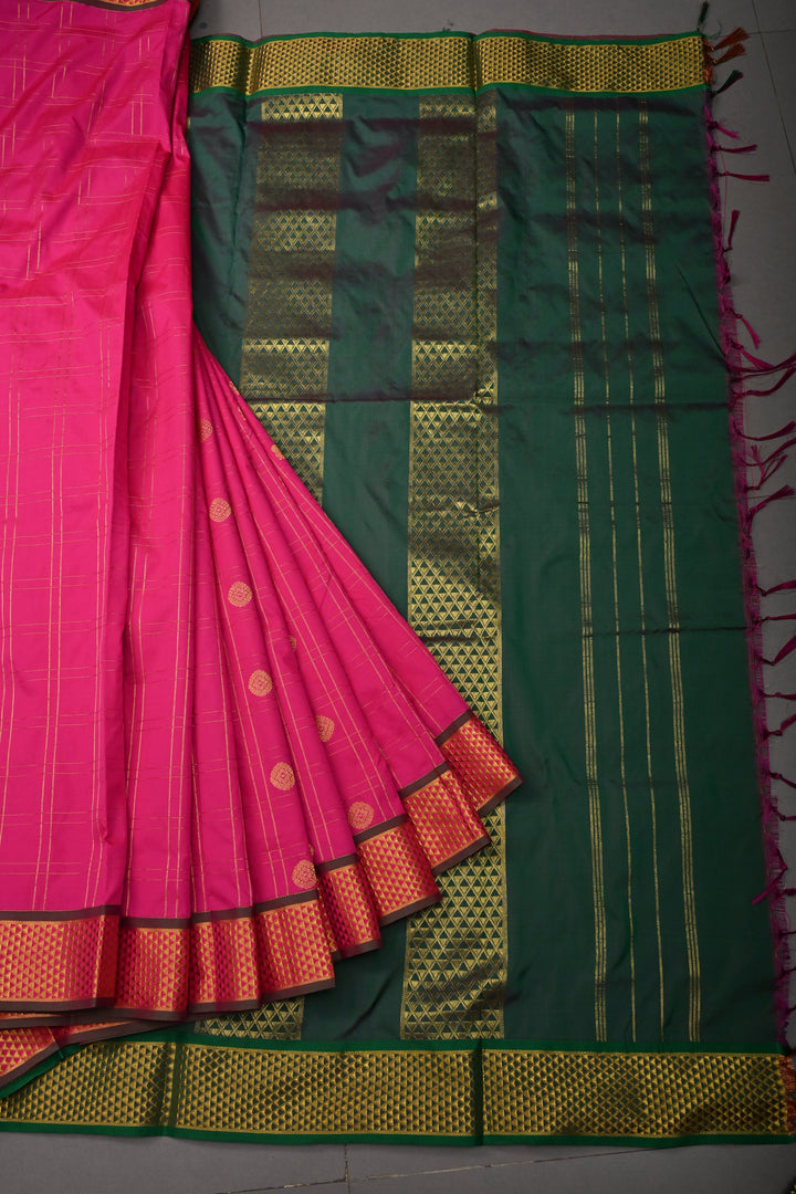 Deep Pink Zari Checks on 9 Yards Madisar Kanjivaram Soft Semi Silk Saree with Zari Buttas and Zari Border | SHOBITAM
