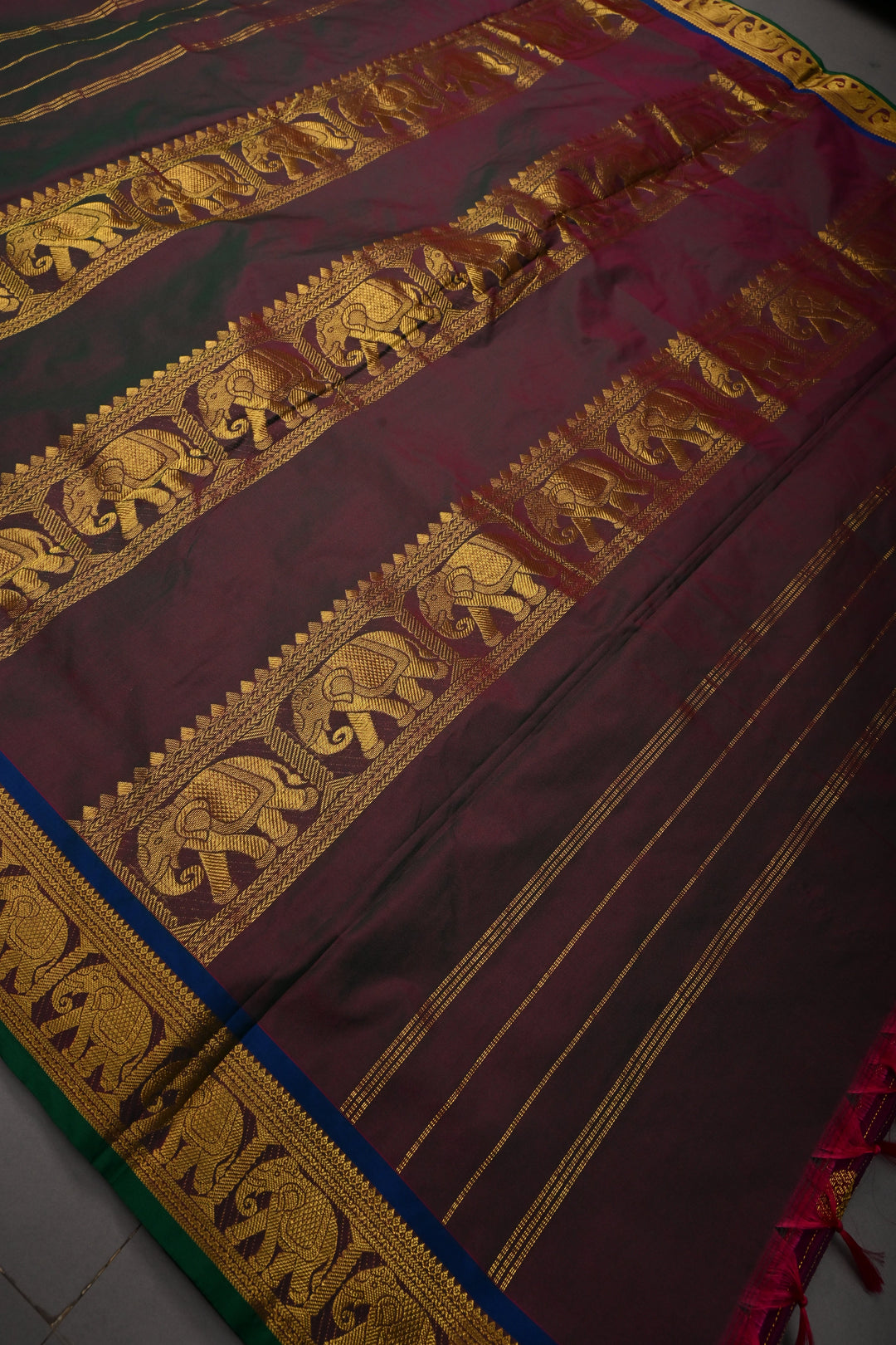 Magenta Vertical Zari Stripes on 9 Yards Madisar Kanjivaram Soft Semi Silk Saree with Zari Buttas and Zari Border | SHOBITAM
