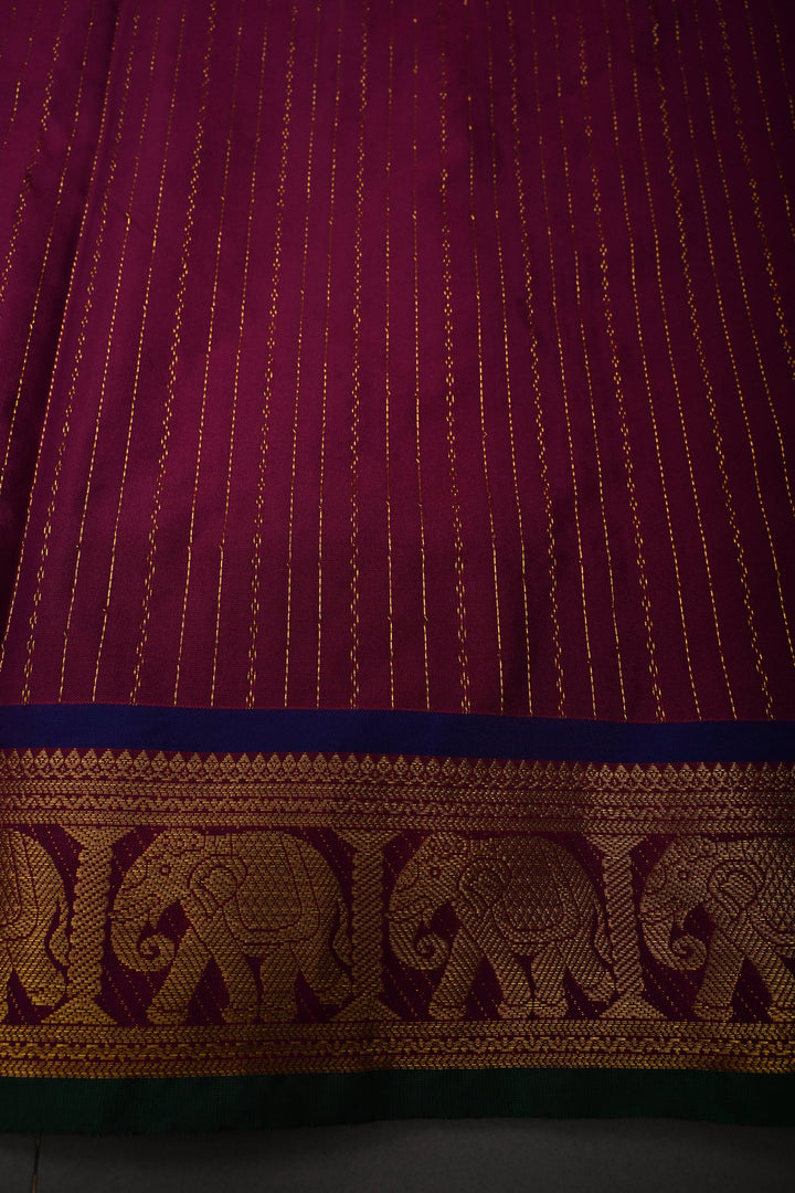 Magenta Vertical Zari Stripes on 9 Yards Madisar Kanjivaram Soft Semi Silk Saree with Zari Buttas and Zari Border | SHOBITAM