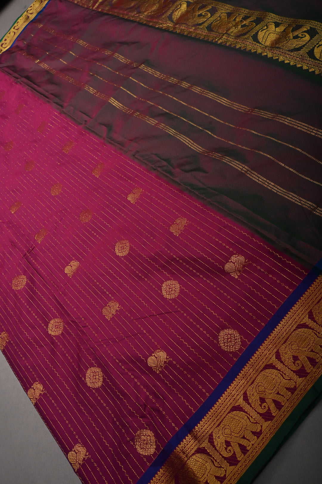Magenta Vertical Zari Stripes on 9 Yards Madisar Kanjivaram Soft Semi Silk Saree with Zari Buttas and Zari Border | SHOBITAM