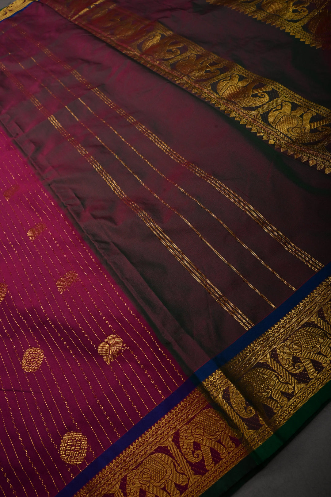 Magenta Vertical Zari Stripes on 9 Yards Madisar Kanjivaram Soft Semi Silk Saree with Zari Buttas and Zari Border | SHOBITAM