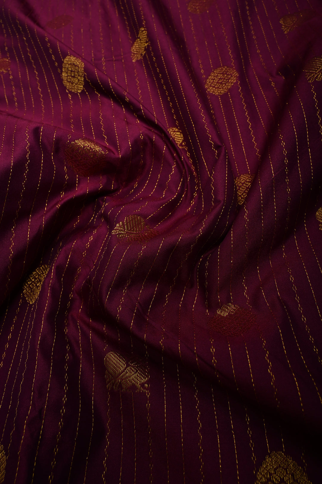 Magenta Vertical Zari Stripes on 9 Yards Madisar Kanjivaram Soft Semi Silk Saree with Zari Buttas and Zari Border | SHOBITAM