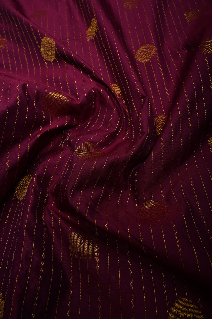 Magenta Vertical Zari Stripes on 9 Yards Madisar Kanjivaram Soft Semi Silk Saree with Zari Buttas and Zari Border | SHOBITAM