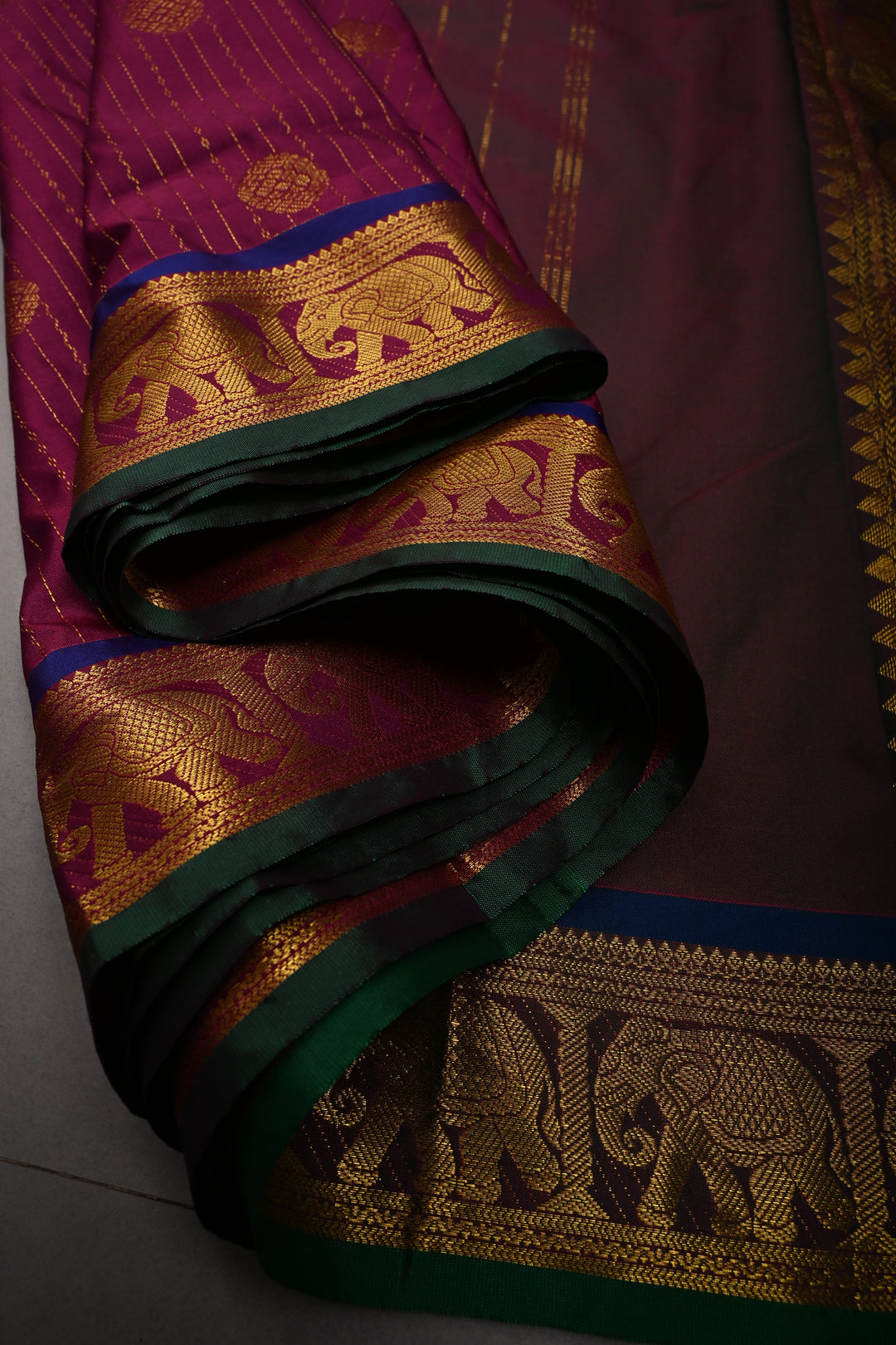 Magenta Vertical Zari Stripes on 9 Yards Madisar Kanjivaram Soft Semi Silk Saree with Zari Buttas and Zari Border | SHOBITAM