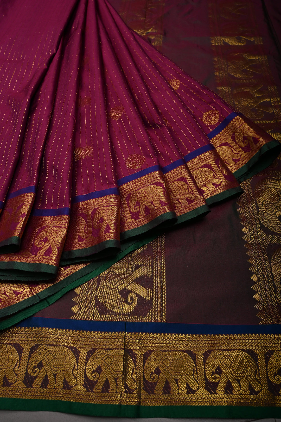 Magenta Vertical Zari Stripes on 9 Yards Madisar Kanjivaram Soft Semi Silk Saree with Zari Buttas and Zari Border | SHOBITAM