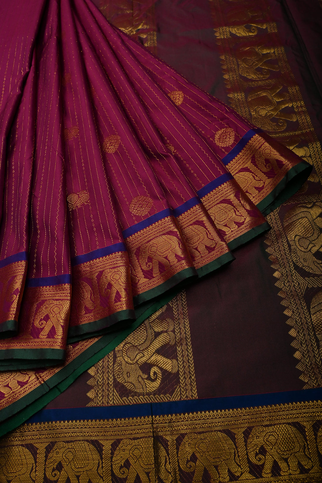 Magenta Vertical Zari Stripes on 9 Yards Madisar Kanjivaram Soft Semi Silk Saree with Zari Buttas and Zari Border | SHOBITAM