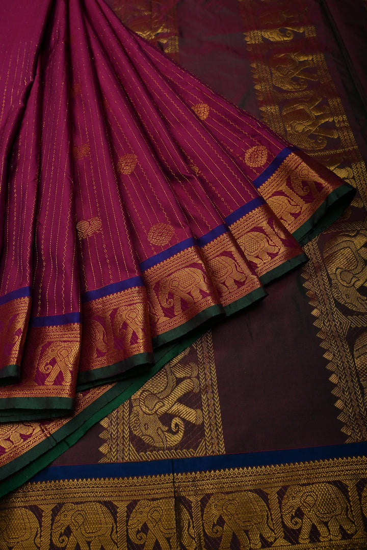Magenta Vertical Zari Stripes on 9 Yards Madisar Kanjivaram Soft Semi Silk Saree with Zari Buttas and Zari Border | SHOBITAM