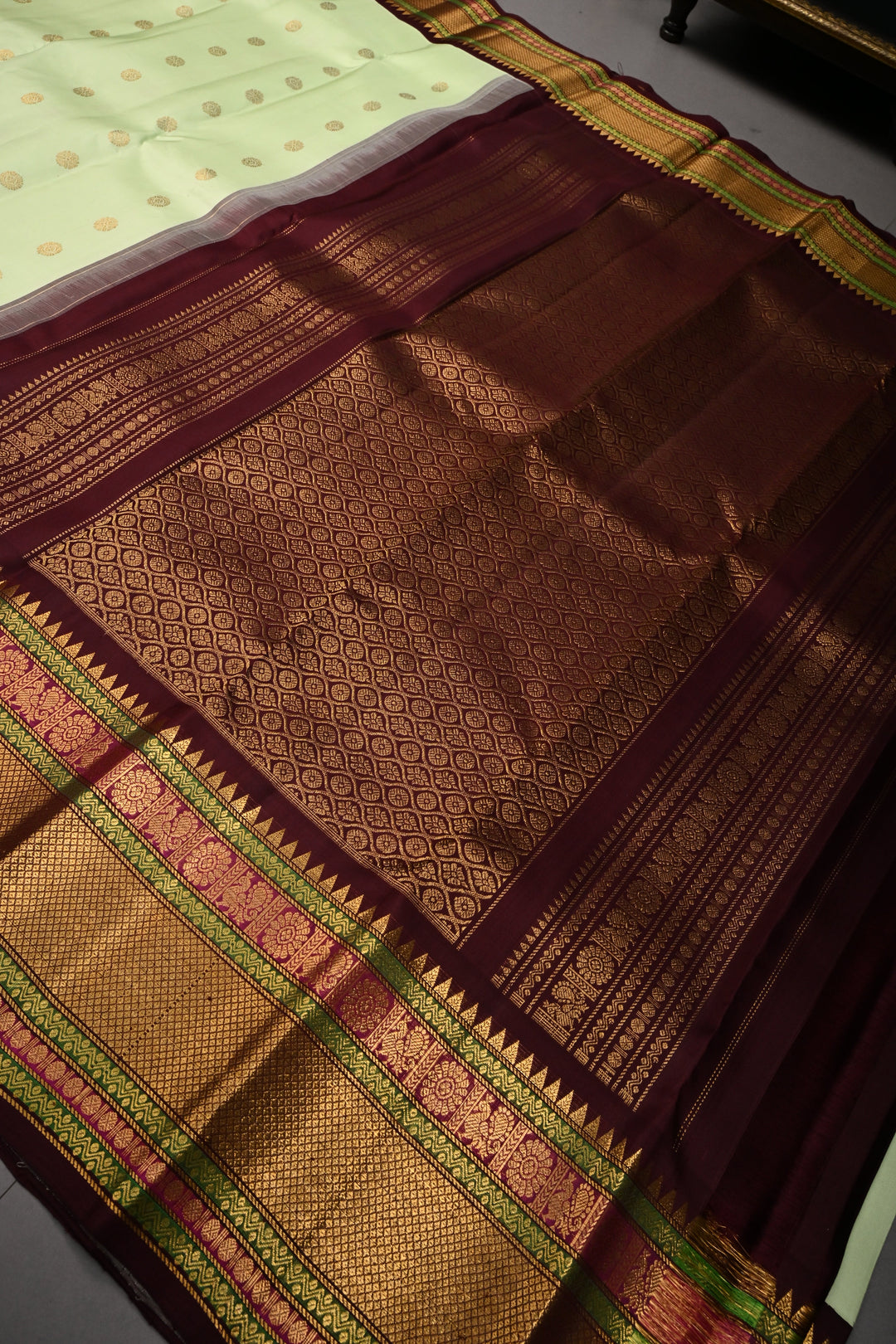 Pista Green Korvai Pure Gadwal Silk Saree with Zari Buttas and Contrast Zari Border | SILK MARK CERTIFIED | SHOBITAM
