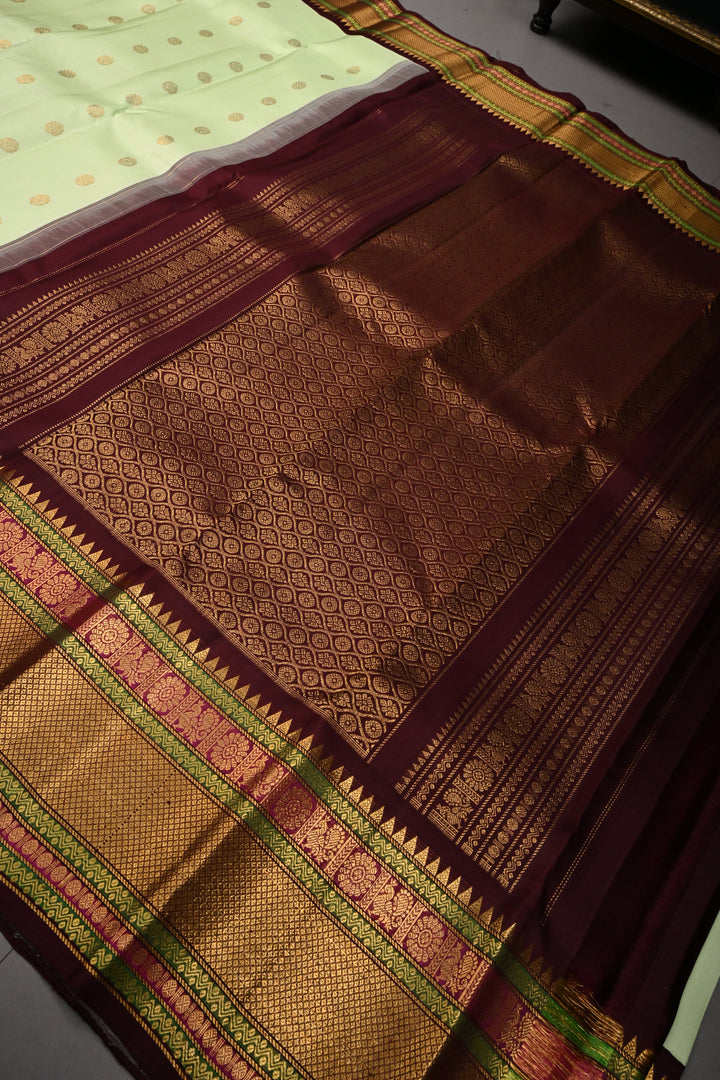 Pista Green Korvai Pure Gadwal Silk Saree with Zari Buttas and Contrast Zari Border | SILK MARK CERTIFIED | SHOBITAM
