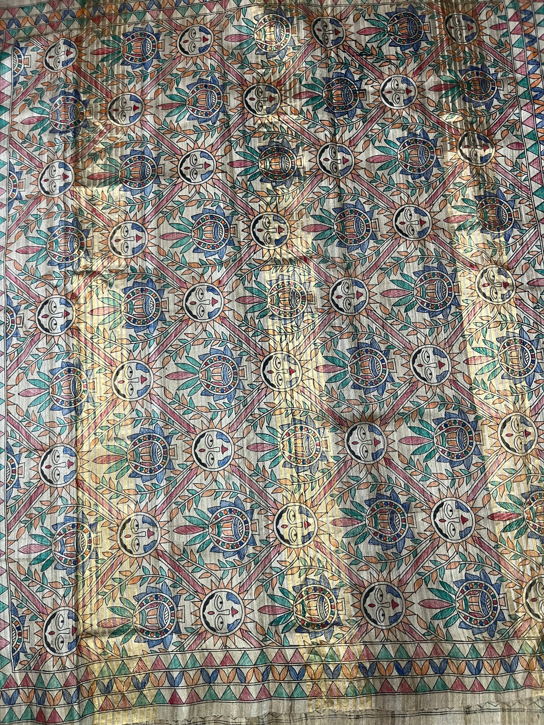 Natural Color Pure Handloom Tussar Hand Painted Madhubani Saree | SILK MARK CERTIFIED | SHOBITAM