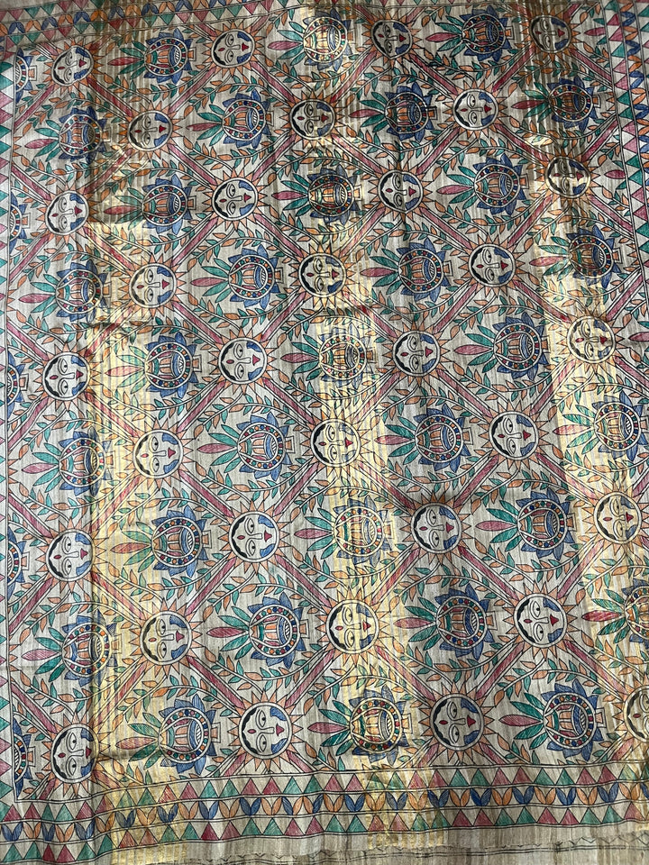 Natural Color Pure Handloom Tussar Hand Painted Madhubani Saree | SILK MARK CERTIFIED | SHOBITAM