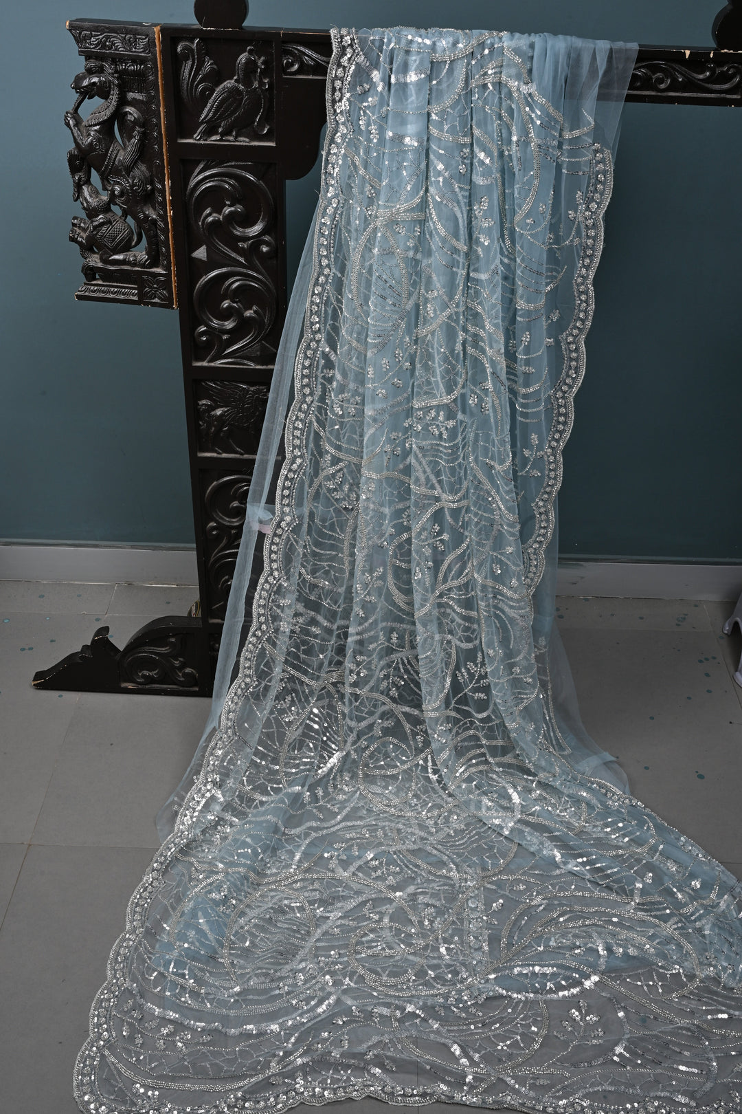Powder Blue Swirling Design Sequins, Cutdana Embellishment on Net Saree with Scallop Border