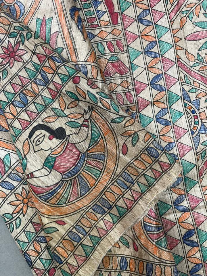 Natural Color Pure Handloom Tussar Hand Painted Madhubani Saree | SILK MARK CERTIFIED | SHOBITAM