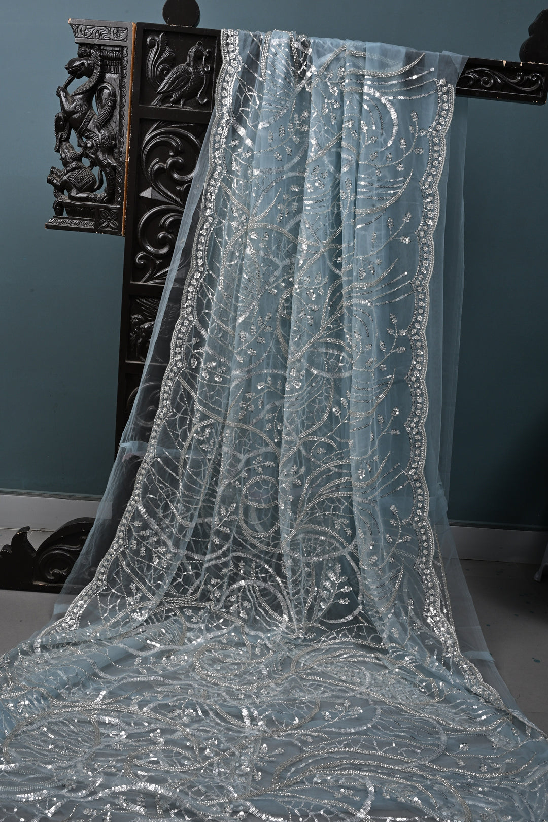 Powder Blue Swirling Design Sequins, Cutdana Embellishment on Net Saree with Scallop Border