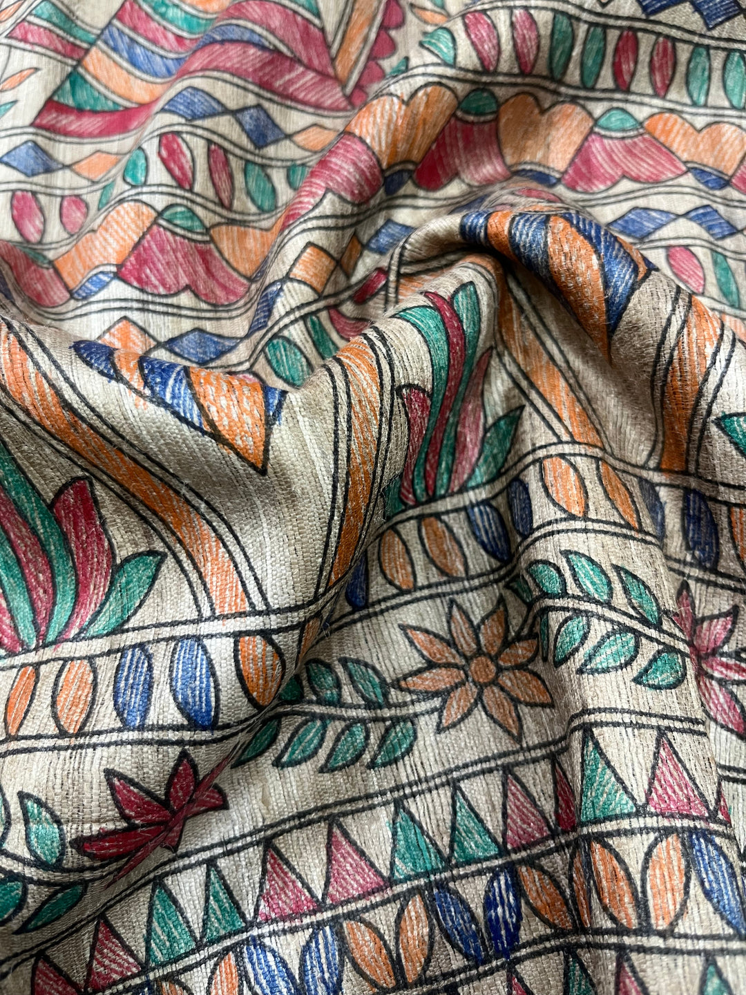Natural Color Pure Handloom Tussar Hand Painted Madhubani Saree | SILK MARK CERTIFIED | SHOBITAM