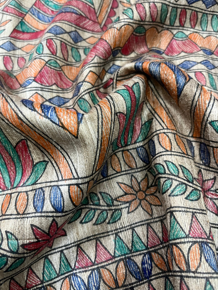 Natural Color Pure Handloom Tussar Hand Painted Madhubani Saree | SILK MARK CERTIFIED | SHOBITAM