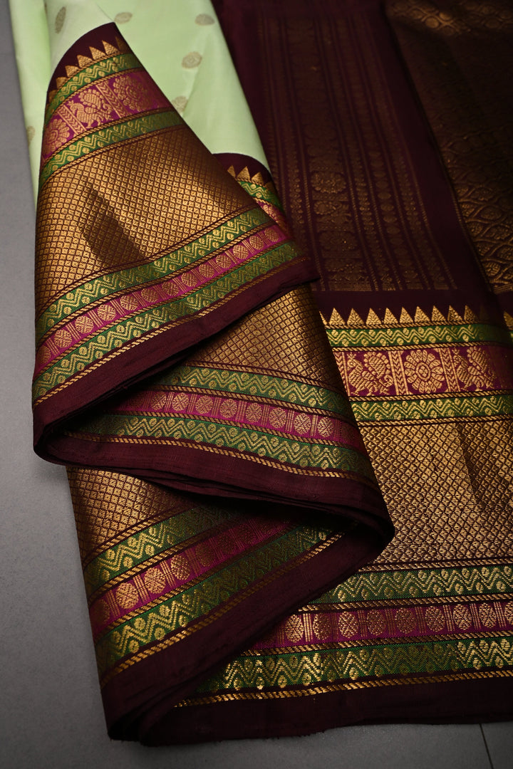 Pista Green Korvai Pure Gadwal Silk Saree with Zari Buttas and Contrast Zari Border | SILK MARK CERTIFIED | SHOBITAM
