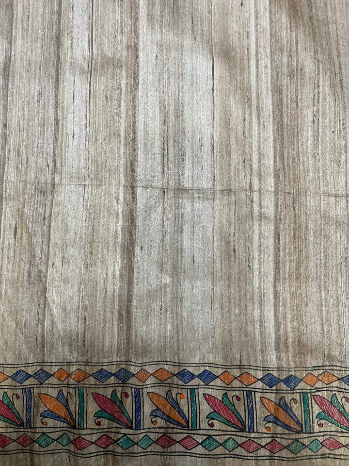 Natural Color Pure Handloom Tussar Hand Painted Madhubani Saree | SILK MARK CERTIFIED | SHOBITAM