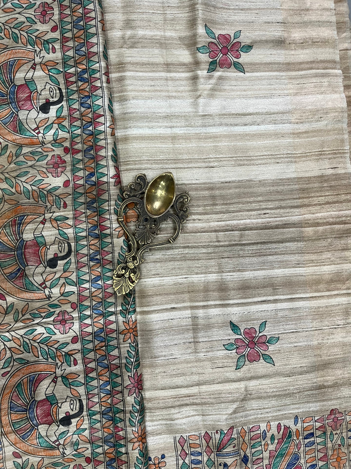 Natural Color Pure Handloom Tussar Hand Painted Madhubani Saree | SILK MARK CERTIFIED | SHOBITAM