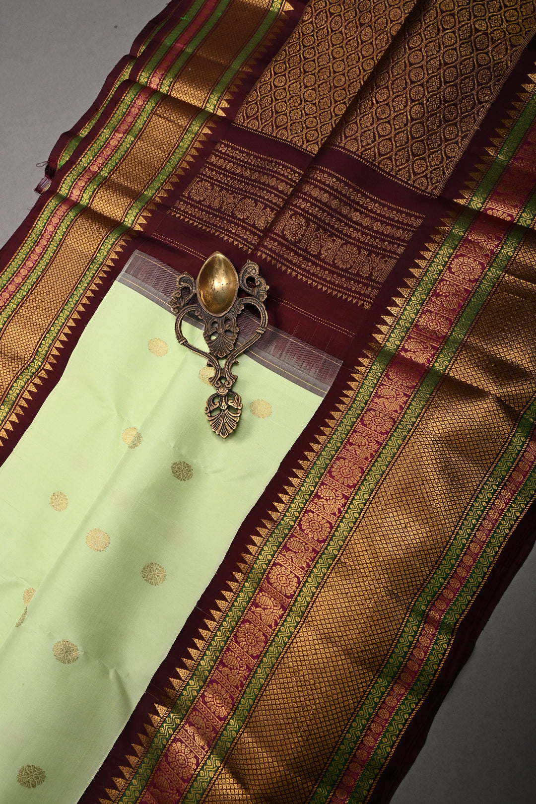Pista Green Korvai Pure Gadwal Silk Saree with Zari Buttas and Contrast Zari Border | SILK MARK CERTIFIED | SHOBITAM