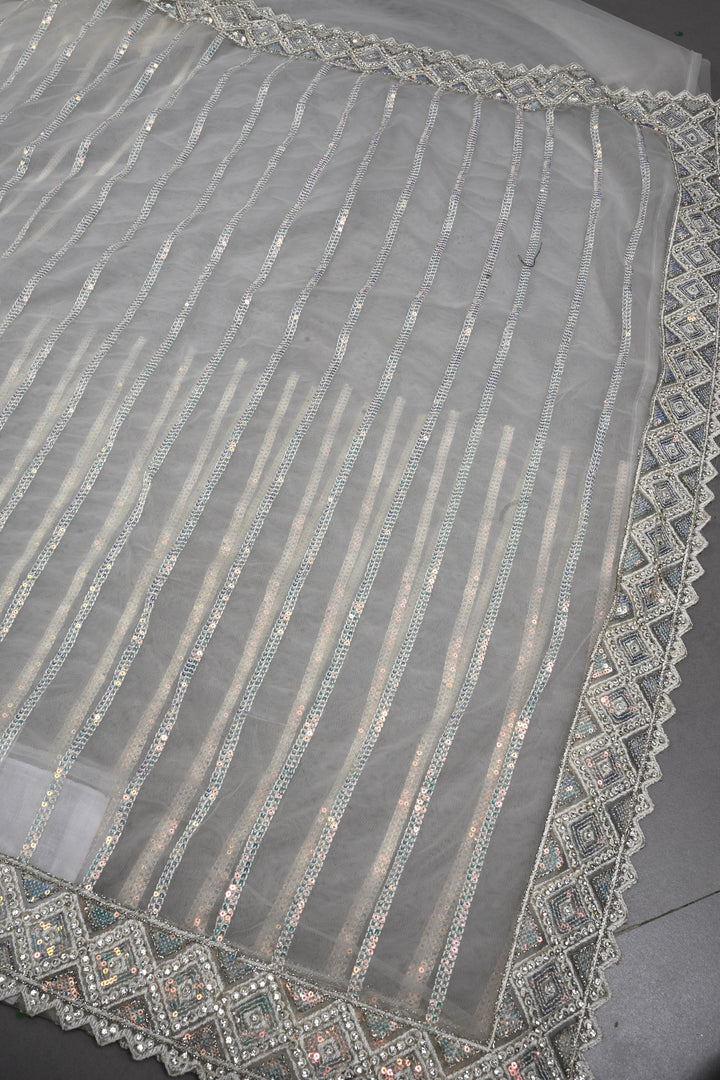Ivory Sequins Stripes Design on Net Saree with Embroidered Scallop Border | SHOBITAM