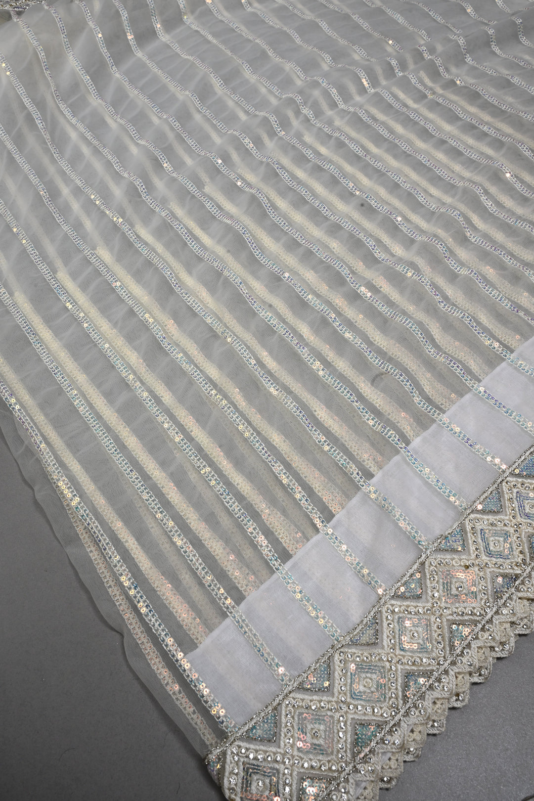 Ivory Sequins Stripes Design on Net Saree with Embroidered Scallop Border | SHOBITAM