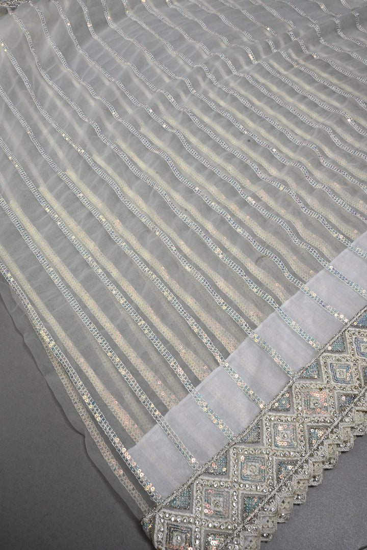 Ivory Sequins Stripes Design on Net Saree with Embroidered Scallop Border | SHOBITAM