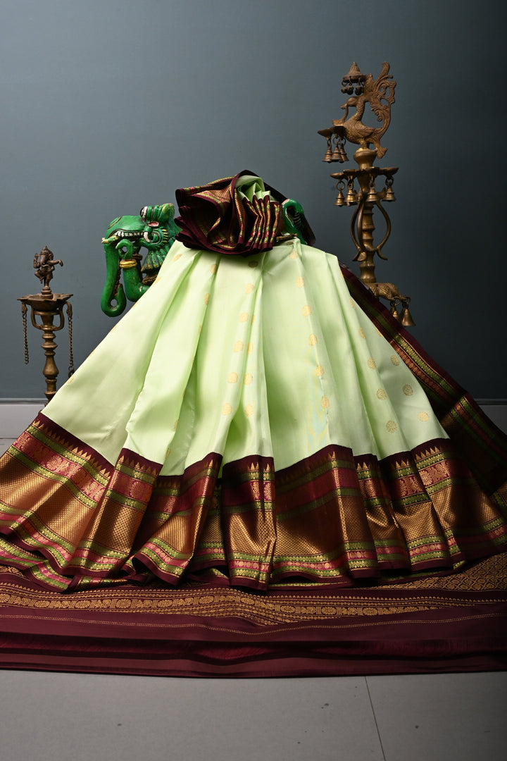 Pista Green Korvai Pure Gadwal Silk Saree with Zari Buttas and Contrast Zari Border | SILK MARK CERTIFIED | SHOBITAM