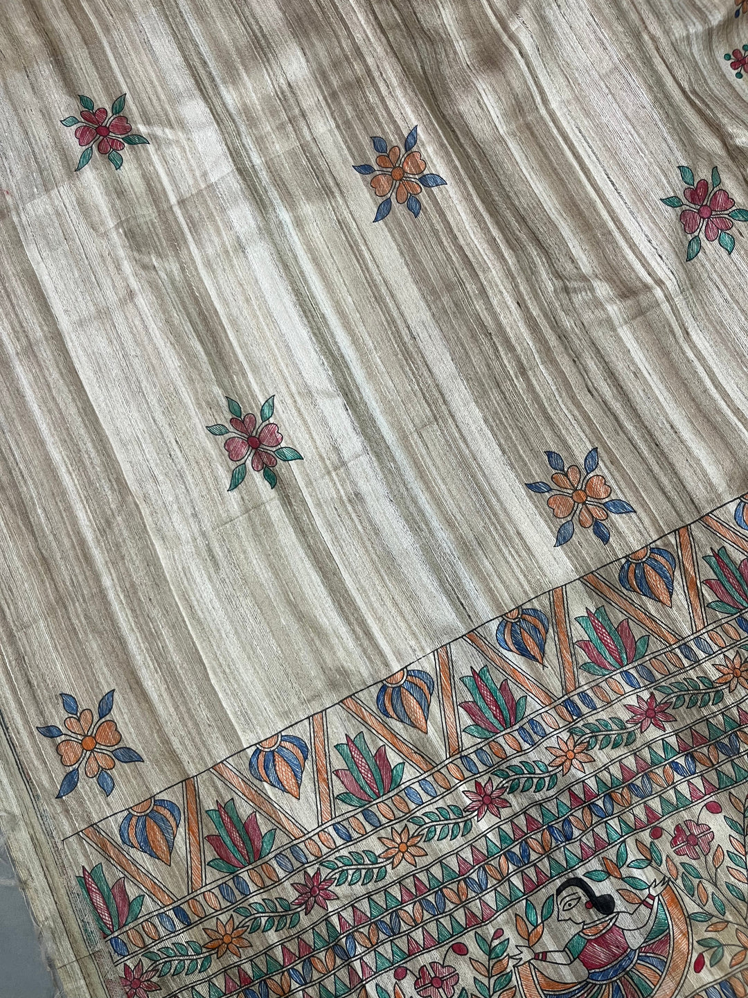 Natural Color Pure Handloom Tussar Hand Painted Madhubani Saree | SILK MARK CERTIFIED | SHOBITAM