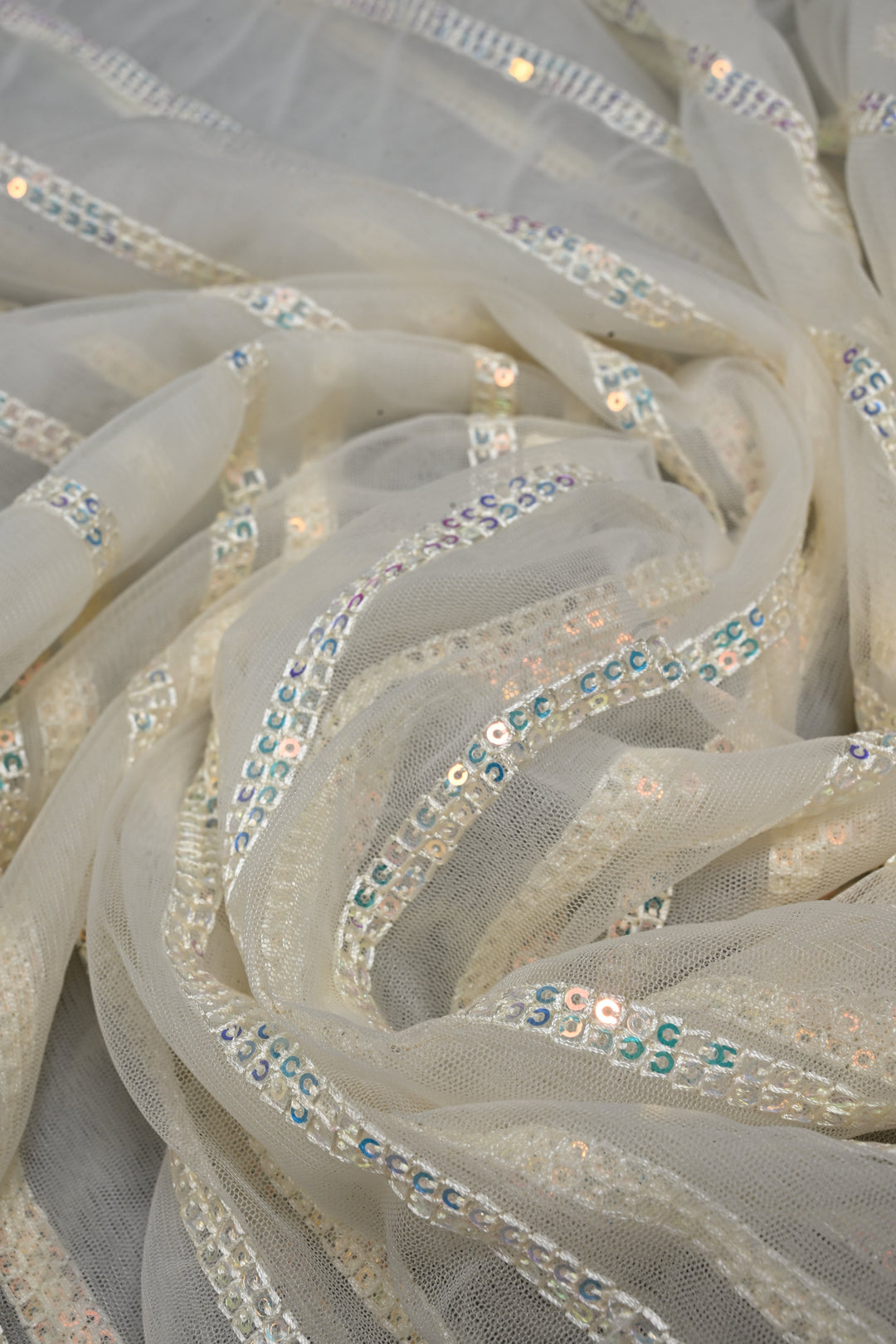 Ivory Sequins Stripes Design on Net Saree with Embroidered Scallop Border | SHOBITAM