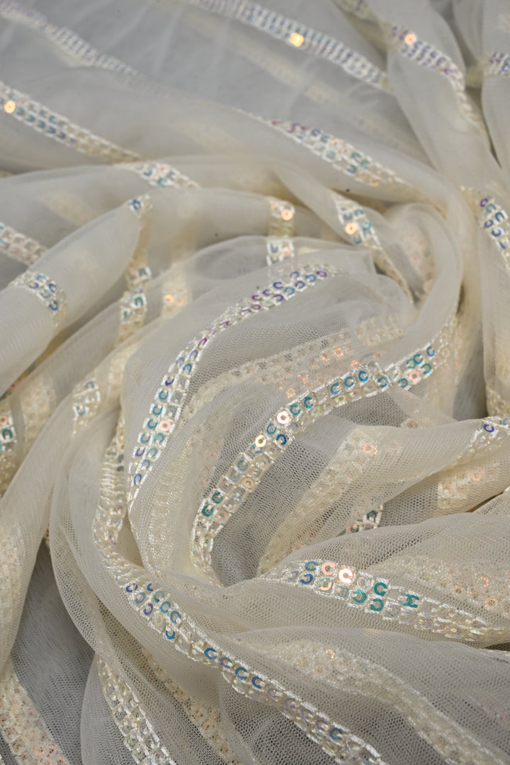 Ivory Sequins Stripes Design on Net Saree with Embroidered Scallop Border | SHOBITAM