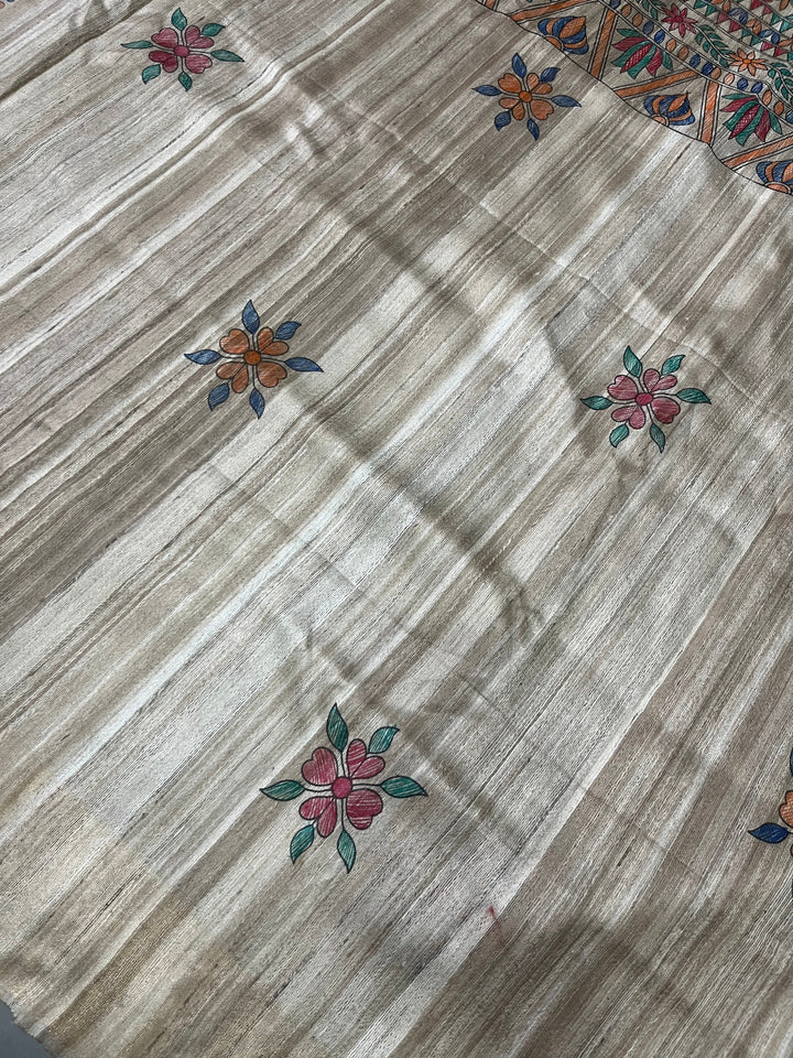 Natural Color Pure Handloom Tussar Hand Painted Madhubani Saree | SILK MARK CERTIFIED | SHOBITAM