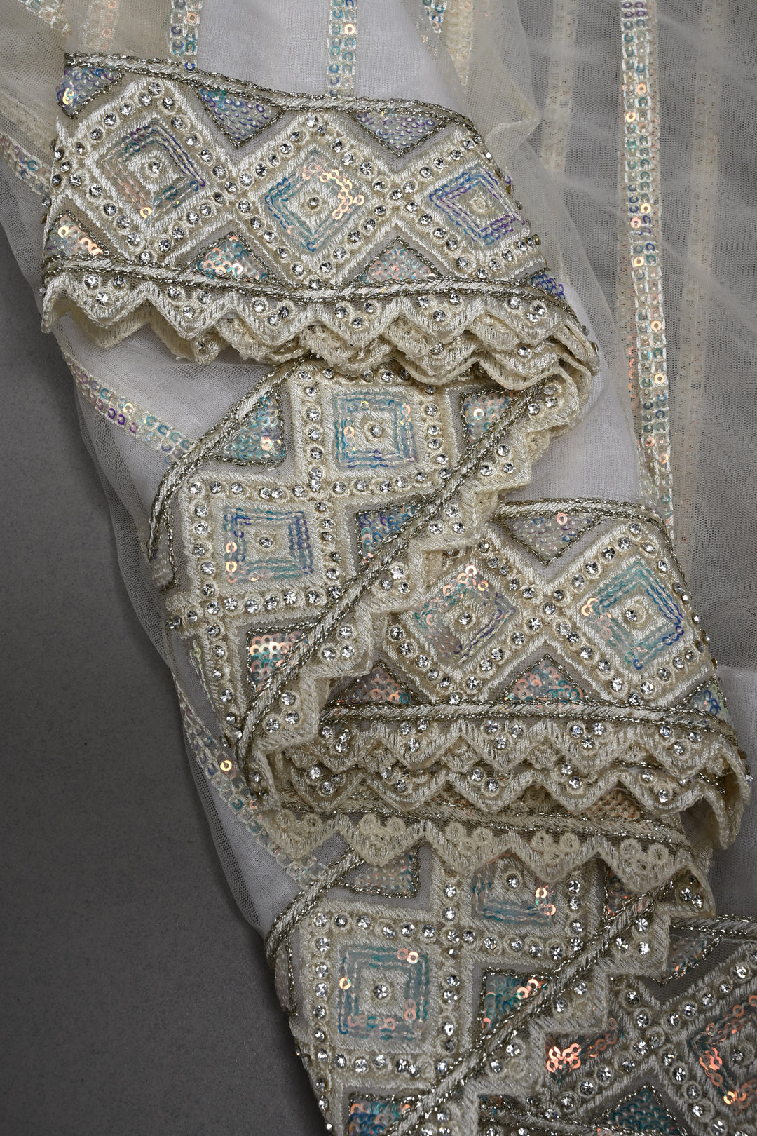 Ivory Sequins Stripes Design on Net Saree with Embroidered Scallop Border | SHOBITAM