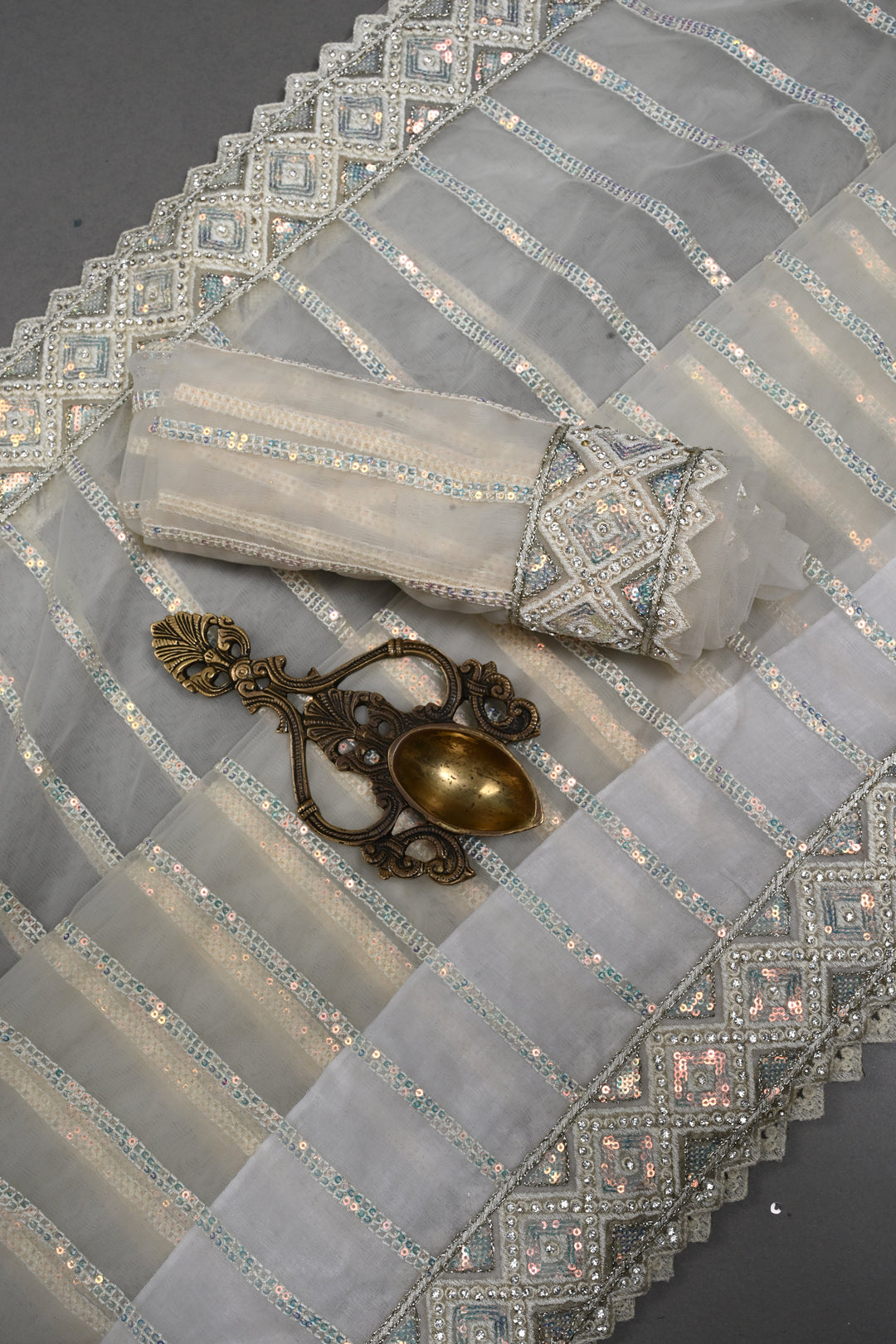 Ivory Sequins Stripes Design on Net Saree with Embroidered Scallop Border | SHOBITAM