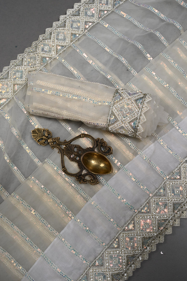 Ivory Sequins Stripes Design on Net Saree with Embroidered Scallop Border | SHOBITAM