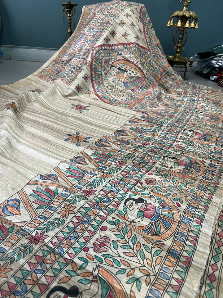 Natural Color Pure Handloom Tussar Hand Painted Madhubani Saree | SILK MARK CERTIFIED | SHOBITAM