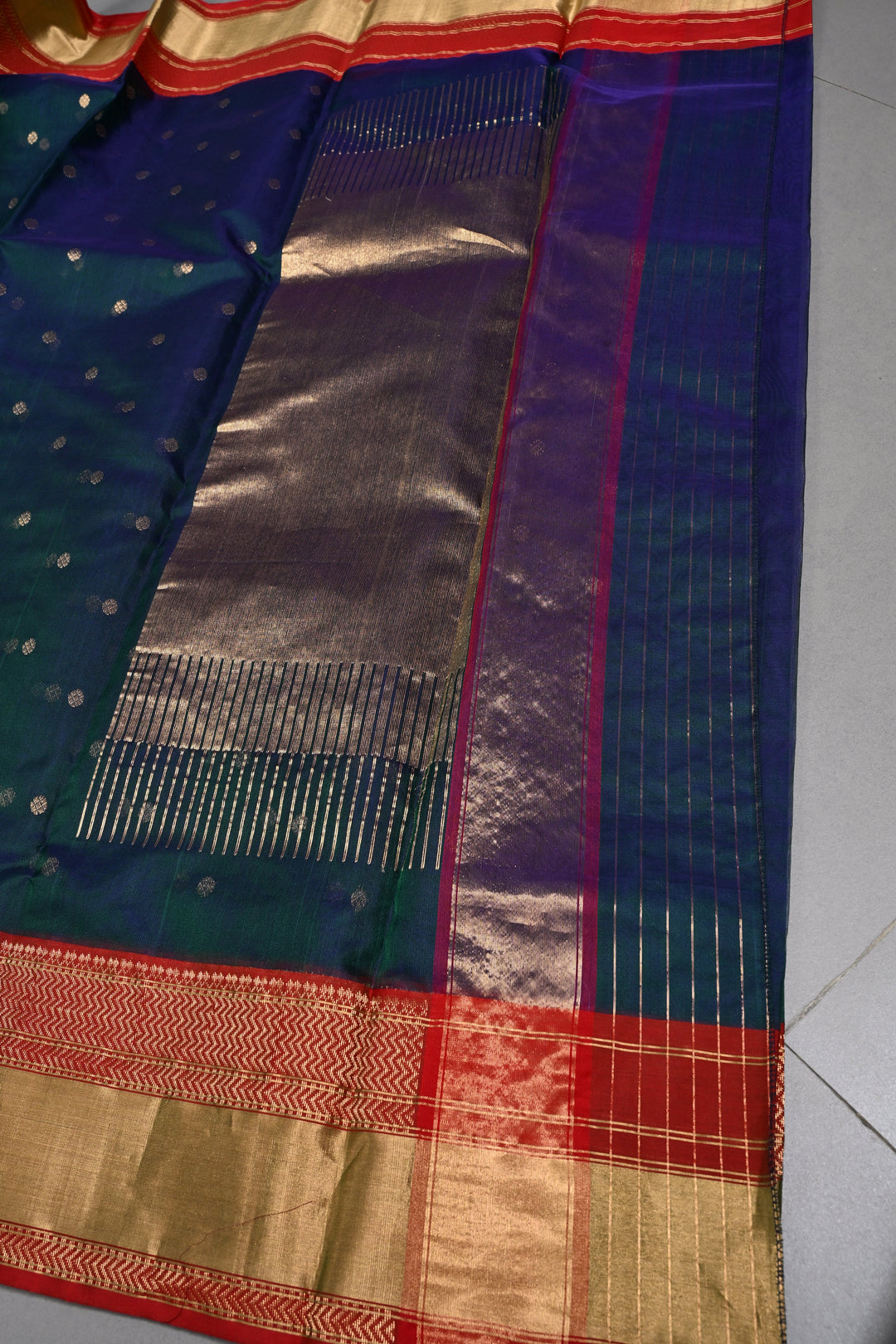 Peacock Blue-Green Dual Tone Chanderi Silk Saree with Zari Buttas and Contrast Zari Border | SHOBITAM