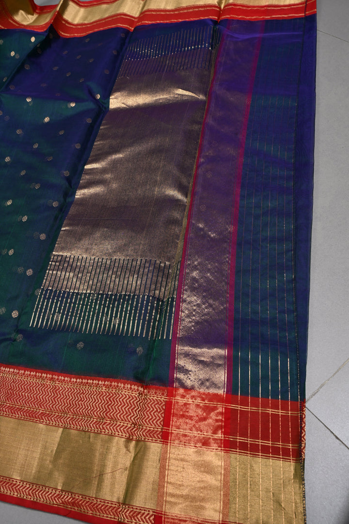 Peacock Blue-Green Dual Tone Chanderi Silk Saree with Zari Buttas and Contrast Zari Border | SHOBITAM