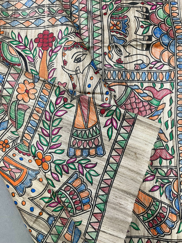 Beige Madhubani hand painted on Geecha Tussar Silk Saree With Border | SILK MARK CERTIFIED | SHOBITAM