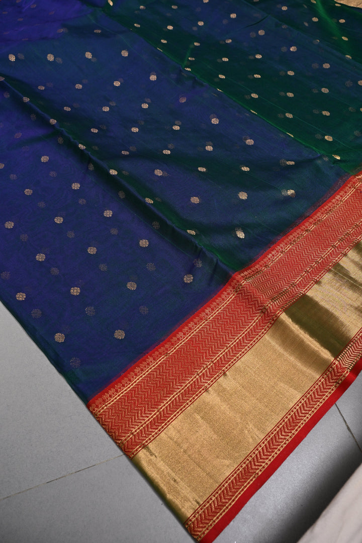 Peacock Blue-Green Dual Tone Chanderi Silk Saree with Zari Buttas and Contrast Zari Border | SHOBITAM