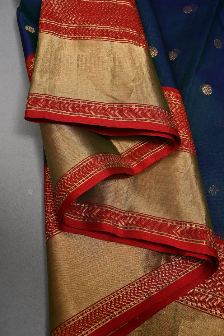 Peacock Blue-Green Dual Tone Chanderi Silk Saree with Zari Buttas and Contrast Zari Border | SHOBITAM
