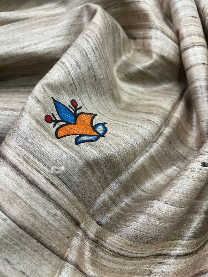 Beige Madhubani hand painted on Geecha Tussar Silk Saree With Border | SILK MARK CERTIFIED | SHOBITAM