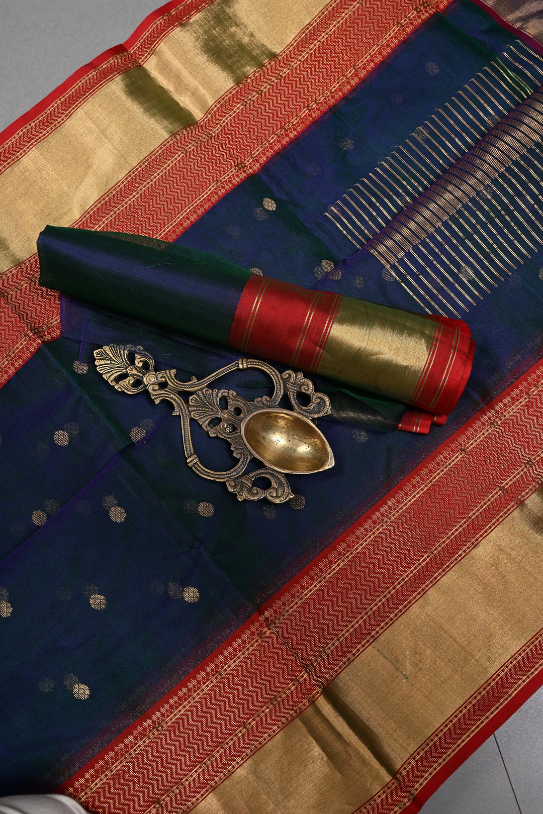 Peacock Blue-Green Dual Tone Chanderi Silk Saree with Zari Buttas and Contrast Zari Border | SHOBITAM