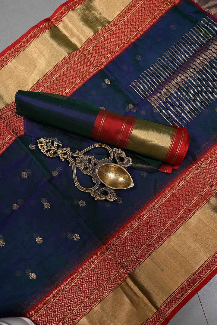 Peacock Blue-Green Dual Tone Chanderi Silk Saree with Zari Buttas and Contrast Zari Border | SHOBITAM