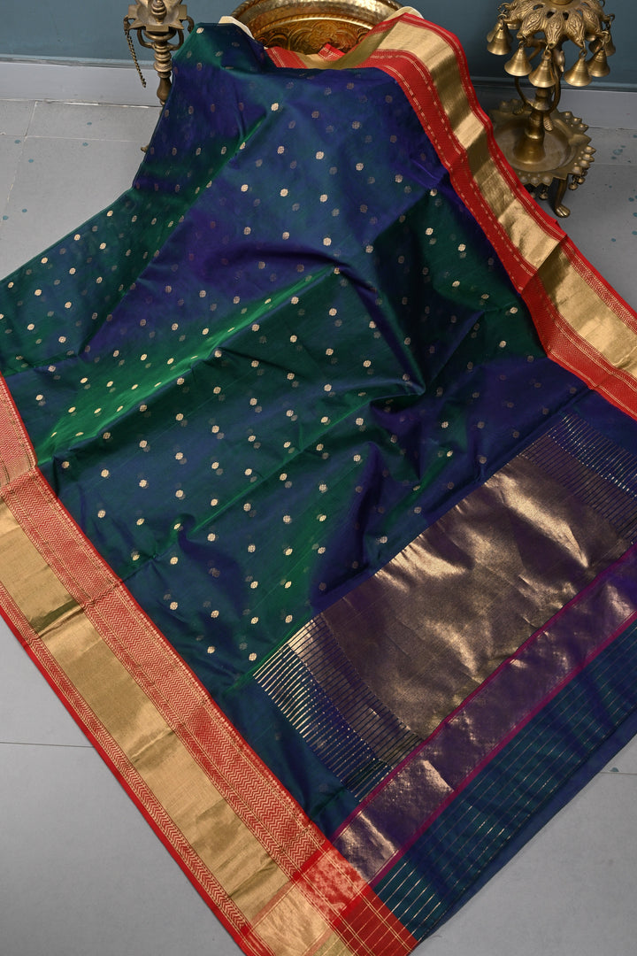 Peacock Blue-Green Dual Tone Chanderi Silk Saree with Zari Buttas and Contrast Zari Border | SHOBITAM