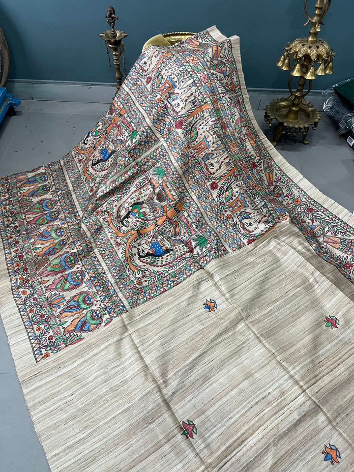 Beige Madhubani hand painted on Geecha Tussar Silk Saree With Border | SILK MARK CERTIFIED | SHOBITAM